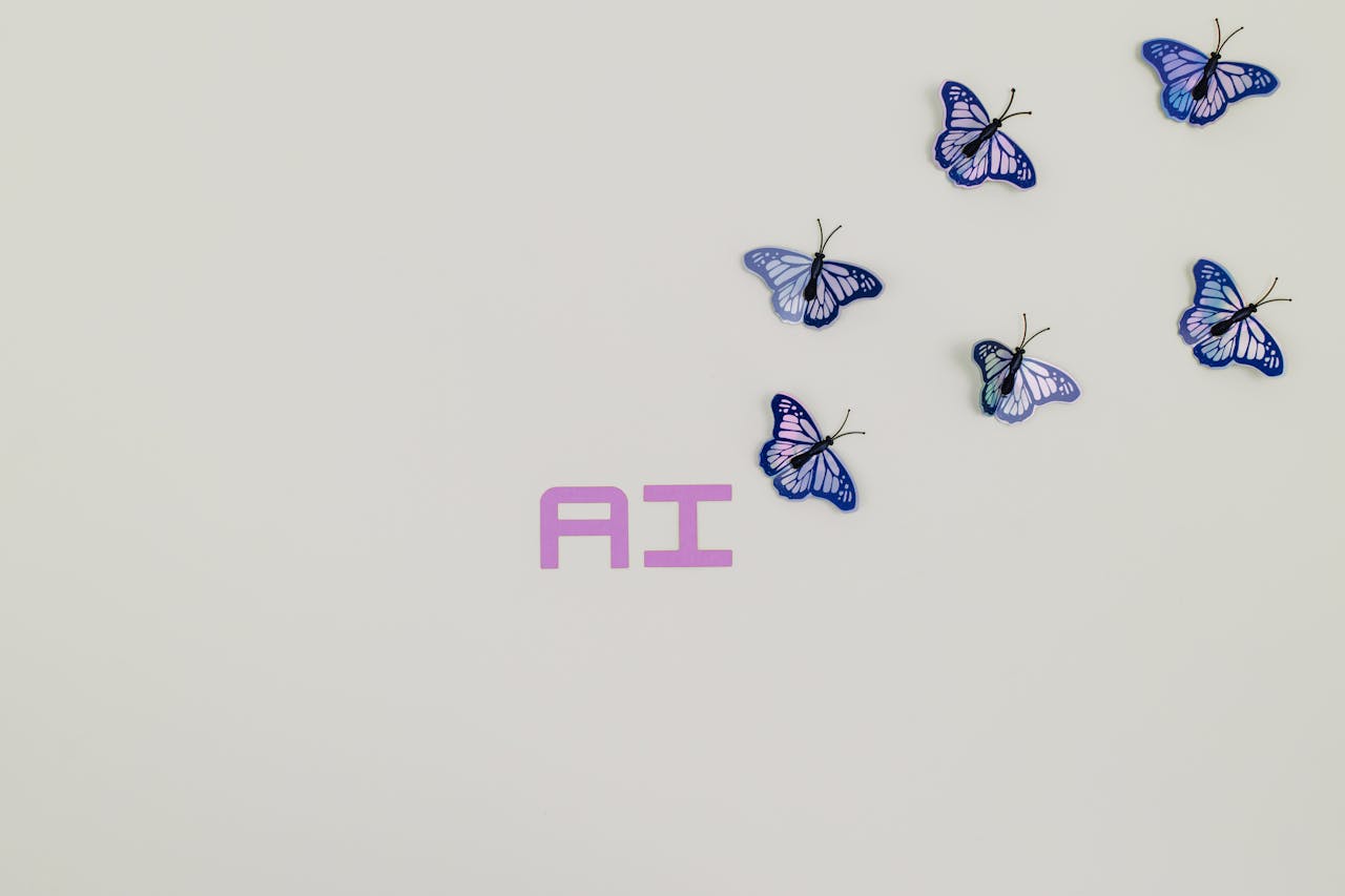 services-03 A creative image of butterflies flying over the word 'AI' on a soft pastel background, symbolizing innovation.