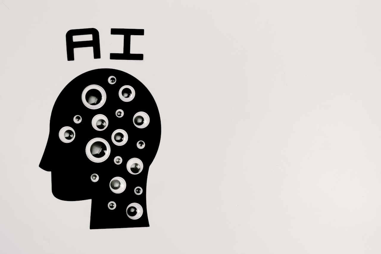 services-01 Abstract illustration of AI with silhouette head full of eyes, symbolizing observation and technology.